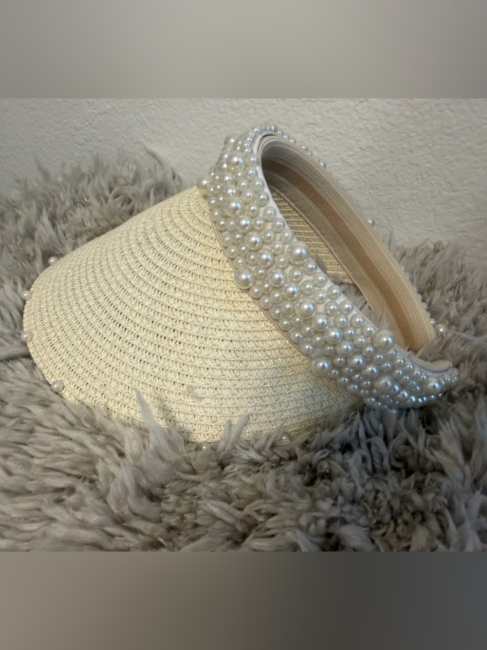 High quality Pearl-Embellished Straw Visor Hat - Cream - Picture 2 of 8